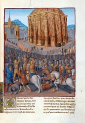 Le Siege de Jerusalem par le roi de Babylone Nebukadneczar II (604-562 przed JC) - Oblężenie Jerozolimy przez Nabuchodonozora II. Ilustracja w Flavius ​​​​Josephus „Starożytność Żydów” (Antiquitatum Judaicarum) par Fouquet, Jean (1420-1481). gwasz na pa