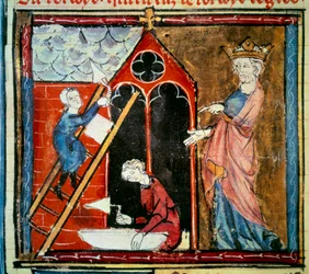 Louis vi le gros (1081 - 1137) nadzorujący budowę budynku. Miniatura w „Grandes Chroniques de france” Jeana Fouqueta (1420-1481)