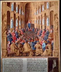 Papież Urban II (1042-1099) głoszący pierwszą krucjatę na soborze w Clermont we Francji, jednoczący rycerzy, szlachtę i kardynałów