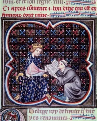 Prymas przedstawiający tekst wielkich kronik Francji Filipowi III (1245-1285). Miniatura z rękopisu Jeana Fouqueta (1420 - 1481) „Grandes Chronicles de France”. Paryż. B N