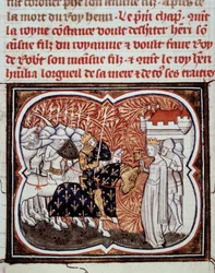 Królowa Konstancja z Arles (986-1032) poddaje się swojemu synowi Henrykowi I królowi Francji (1008-1060) Miniatura z „”Les grandes Chroniles de France”” Jeana Fouqueta (1420-1481) XV-wieczny Paryż, B.N.