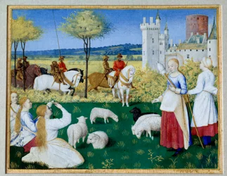 Święta Małgorzata z Antiochii (III wiek) i Olibrius znany również jako Margarita trzymająca owce Epizod Legende Doree o Jakubie (Jakub) z Voragine (1228-1298). Prefet Olibrius nagle zakochuje się w Margaricie, młodym pasterzem zajętym przędzeniem