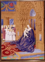 Dziewica ma miniaturowe dziecko zaczerpnięte z „Księgi godzin Stephena Chevaliera” Jeana Fouqueta (1420-1477/1481)