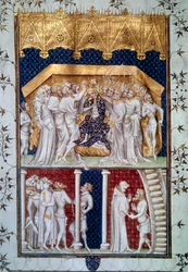 Koronacja Karola VI (1368-1422) przez parów Francji w dniu 16/09/1380. Miniatura z „Grandes Chroniques de France”, XV wiek, Paryż, Bibliothèque nationale