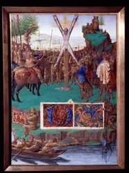 Męczennik św. Andrzeja krzyżuje Miniatura zaczerpnięta z „Księgi godzin Stephena Chevaliera” Jeana Fouqueta (1420-1477/1481)
