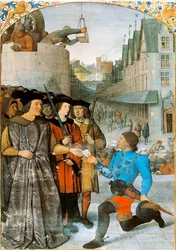 Wicehrabia Rochechouart otrzymuje królewskiego posłańca. Miniatura Jeana Fouqueta (1420-1481) z „Wielkich kronik Francji”. 1455-1460