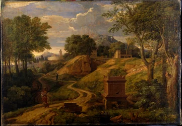 Pejzaż klasyczny z kobietą niosącą dziecko, ok. 1650-75 (olej na płótnie)