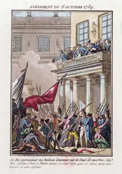 Ludwik XVI ukazujący się na balkonie Wersalu 6 października 1789 r., aby powiedzieć paryskiej motłochu, że pojedzie do Paryża pod warunkiem, że podróżuje z nim żona i rodzina