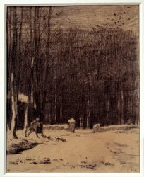 Wejście do lasu Barbizon, efekt śniegu. Rysunek czarnym ołówkiem. Wymiary: 0,28 x 0,22 m. Paryż, Musée d