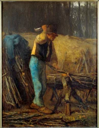 Łuparka do drewna Drwal z maczetą rozcina gałęzie drzewa na wiązki. Obraz Jeana Francois Milleta (1814-1875) XIX w. Niedz. 0,38x0,29 m²
