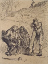 Trzech chłopów odpoczywających, jeden oparty o łopatę, ok. 1850-1851