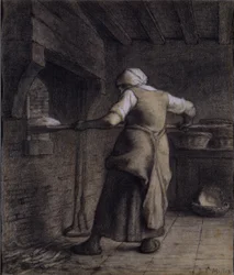 Kobieta pieczenia chleba (czarna, biała i brązowa kreda na papierze)