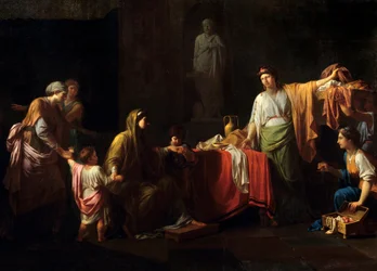 Szczegół: Cornelie (189 - 110 pne) matka Graków - Tiberius Sempronius Gracchus i jego brat Caius Sempronius Gracchus nazywany Gracques, rzymscy mężowie stanu - Obraz Jeana Francois Peyrona (1744-1814)