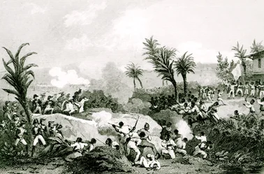 Czarny bunt w Santo Domingo, 16 września 1802, z "Histoire Universelle du XIXe siecle", wg Martineta