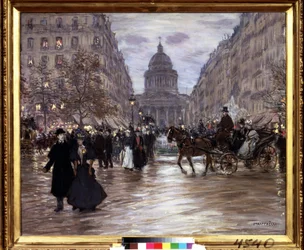 „Boulevard Saint Michel” Widok na Rue Soufflot i Panteon z Ogrodu Luksemburskiego i bulwaru Saint-Michel w Paryżu, taksówki i eleganckie pary ożywiają ulicę o zmroku. Obraz Jeana Francois Raffaelli (18