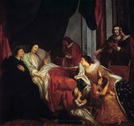 Święty Wincenty a Paulo (1581-1660) przed łożem śmierci króla Ludwika XIII Obraz Jeana Francois de Troy (1679-1752) XVII-wieczny Paryż. Misje lazarystyczne