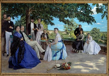 Spotkanie rodzinne: portret francuskiej rodziny mieszczańskiej zebranej w ogrodzie. Od lewej do prawej: Jean Frederic Bazille, jego wuj Monsieur des Hours, jego matka i ojciec, jego kuzynka Pauline i jej mąż Monsieur Teulon, jego ciotka Madame des Hours i