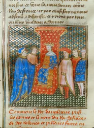 Angielski król Edward III na tronie, odziany w tunikę z angielskimi i francuskimi emblematami, słucha przemówienia Roberta z Artois ...