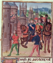Roy 18 E II f.390 Henry Bolingbroke (Henryk IV) wkracza do Londynu, stracony za Edwarda IV, z tomu IV (obejmującego okres 1389-1400), Jehan Froissart, ok. 1460-80