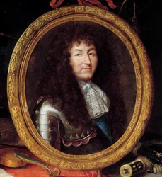 Portret Ludwika XIV króla Francji (1638-1715) Detal. Obraz Jeana Garniera (1632-1705) XVII wiek. Wymiary 1,74 x 2,23 m²