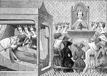 Trzy cnoty, rozum, prawość i sprawiedliwość nakłaniają Christinę de Pisan (ok. 1364-1410) do napisania Księgi etyki dla pouczenia kobiet, ilustracja z Nauki i literatury w Middl