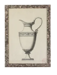 Projekt dzbanka z uchwytem maski greckiej (czarny ołów, długopis i czarny tusz, szaro-czarny wash on paper)