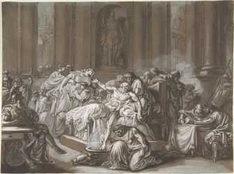 Śmierć Seneki (pióro i czarny tusz, pędzel i brązowe plamy, podkreślone białym gwaszem na niebieskim papierze)