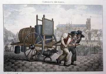 Dawny metier uliczny w Paryżu: kąpiel w domu (dwóch mężczyzn ciągnie wózek z beczką wypełnioną wodą). Grawer Jean Henry Marlet (1771-1847) w „”Les Tableaux de Paris””, seria 72 rycin, koniec XIX wieku.