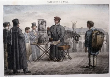 Dawny metier uliczny w Paryżu: handlarz śmiercią szczurów (camelot). Grawer Jean Henry Marlet (1771-1847) w „Les Tableaux de Paris”, seria 72 rycin, koniec XIX wieku.