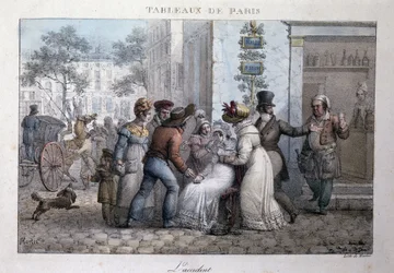 Stara scena uliczna w Paryżu: wypadek (kobieta wspierana przez przechodniów). Grawer Jean Henry Marlet (1771-1847) w „”Les Tableaux de Paris””, seria 72 rycin, koniec XIX wieku.