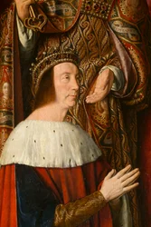 Książę Piotr II Burbon, szczegół. Tryptyk mistrza z Moulins