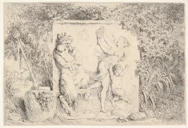 Płaskorzeźba przedstawiająca satyra z lewej strony trzymającego dwoje niemowląt, innego satyra dziecięcego z prawej..., 1763.