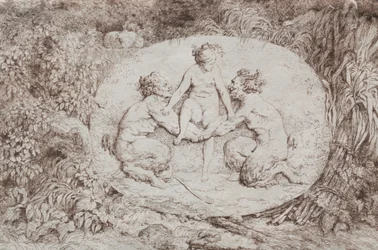 Bachanalia: nimfa wspierana przez dwóch satyrów