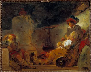 Scena nocna zwana Sen żebraka Obraz Jeana Honore Fragonarda (1732-1806) XVIII-wieczne Słońce. 0,74x0,99 m²