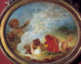 Perrette i mlecznik Z opowiadania Jean de la Fontaine „La lait tiere et le le jug au lait”. Obraz Jeana Honore Fragonarda (1732-1806) XVIII-wieczne Musee Cognacq Jay