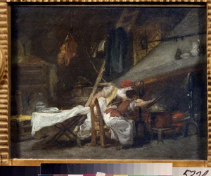 "Pres du poele" (Przy piecu) Scena w kuchni, przy piecu, kucharze obserwują gotowanie potrawy w garnku. Obraz Jeana Honore Fragonarda (1732-1806). Olej na płótnie. Rokoko. Muzeum Puszkina, Moskwa