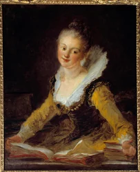 Nauka. Kobieta ma w swoim biurze przeglądanie książek do nauki. Obraz Jeana Honore Fragonarda (1732-1806)