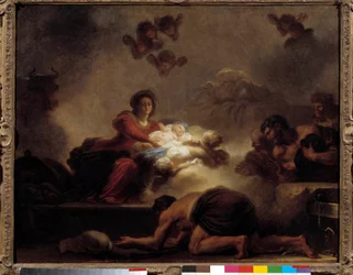 Adoracja pasterzy Obraz Jean-Honore Fragonard (1732-1806). 18 wiek. Ciemny. 0,73x0,93m.