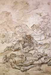 Smutna sytuacja Don Kichota i Sancho Pansy, źle traktowani przez galerowych niewolników, XVIII w.