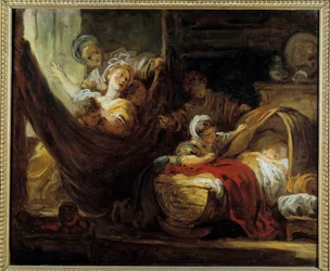 Kołyska Matka na hamaku w otoczeniu córek i niemowlęcia w koszyku. Obraz Jeana Honore Fragonarda (1732-1806) XVIII-wieczne Amiens, Musee de Picardie