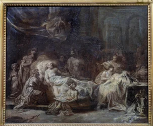 Testament Rodzina zjednoczyła się wokół starca, który w agonii dyktował jego testament. Rysunek przygotowawczy Jeana Baptiste Fragonarda (1732-1806) XVIII-wieczne Reims, Musee des Beaux Arts