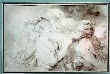 Młode dziewczęta zapasy satyry Młode kobiety zabawy z brodą satyry. Rysunek w Bistre Wash autorstwa Jean Honore Fragonard (1732-1806) XVIII-wieczna kolekcja prywatna