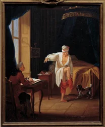 Pisarz i filozof Voltaire (1694-1778) dyktuje swojemu sekretarzowi Collini a Ferney Obraz Jeana Hubera (1721-1786) XVIII-wieczne Słońce. 0,37 x 0,31 m Muzeum Carnavalet w Paryżu