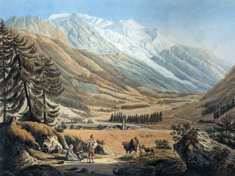 widok na dolinę Chamonix z wioski Argentiere autorstwa Jeana Daniela Hubera podczas podróży ok. 1785 r. (rycina)