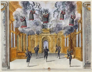 Scenografia Jeana Beraina Starszego (1640-1711) do baletu Le feste di Amore e di Bacco (Święto Miłości i Bachusa), baletu Jean-Baptiste Lully (1632-1687), wykonywanego w Palais-Royal w Paryżu, 15 listopada