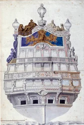 Dekoracja rufy statku Le Soleil Royal”” Akwarela autorstwa Jean I Berain (1640-1711) Nd. 0,6x0,4 m Paryż, Musee du Louvre