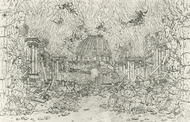 Zniszczenie budynku, szkic Jean Berain (1640-1711), dla Armide, Jean-Baptiste Lully (1632-1687), Francja