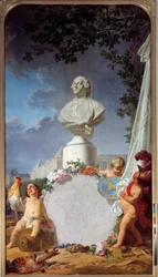 Naukowa Europa Alegoryczne przedstawienie chwały Francji, popiersie Ludwika XVI (1754-1793) dominuje na mapie francuskich posiadłości, koguta, aniołków i symboli sztuki i nauki. Obraz Jeana Jacquesa Bacheliera (1724-1806) 1762 Wersal