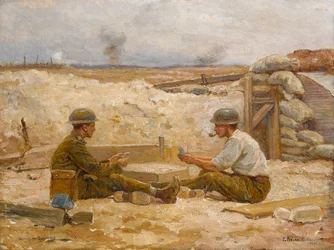 Dwóch brytyjskich oficerów grających w karty przed swoją ziemianką, Secteur de Bapaume, 1918-20