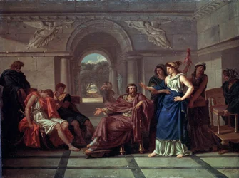 Helena rozpoznaje Telemacha, syna Odyseusza. Scena z mitologii greckiej, w Odysei Homera (koniec VIII wieku p.n.e.). Obraz Jeana Jacques